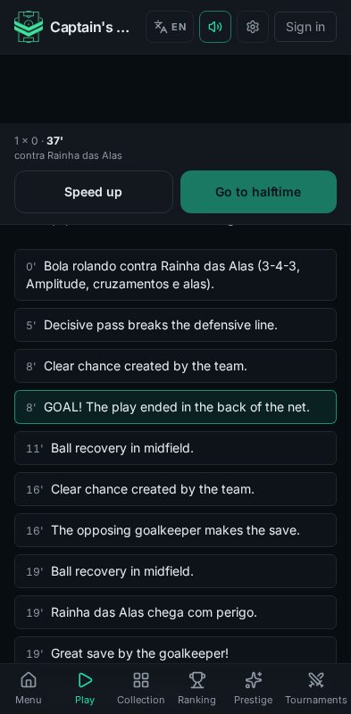 Captain's Draft match simulation screen with minute-by-minute action